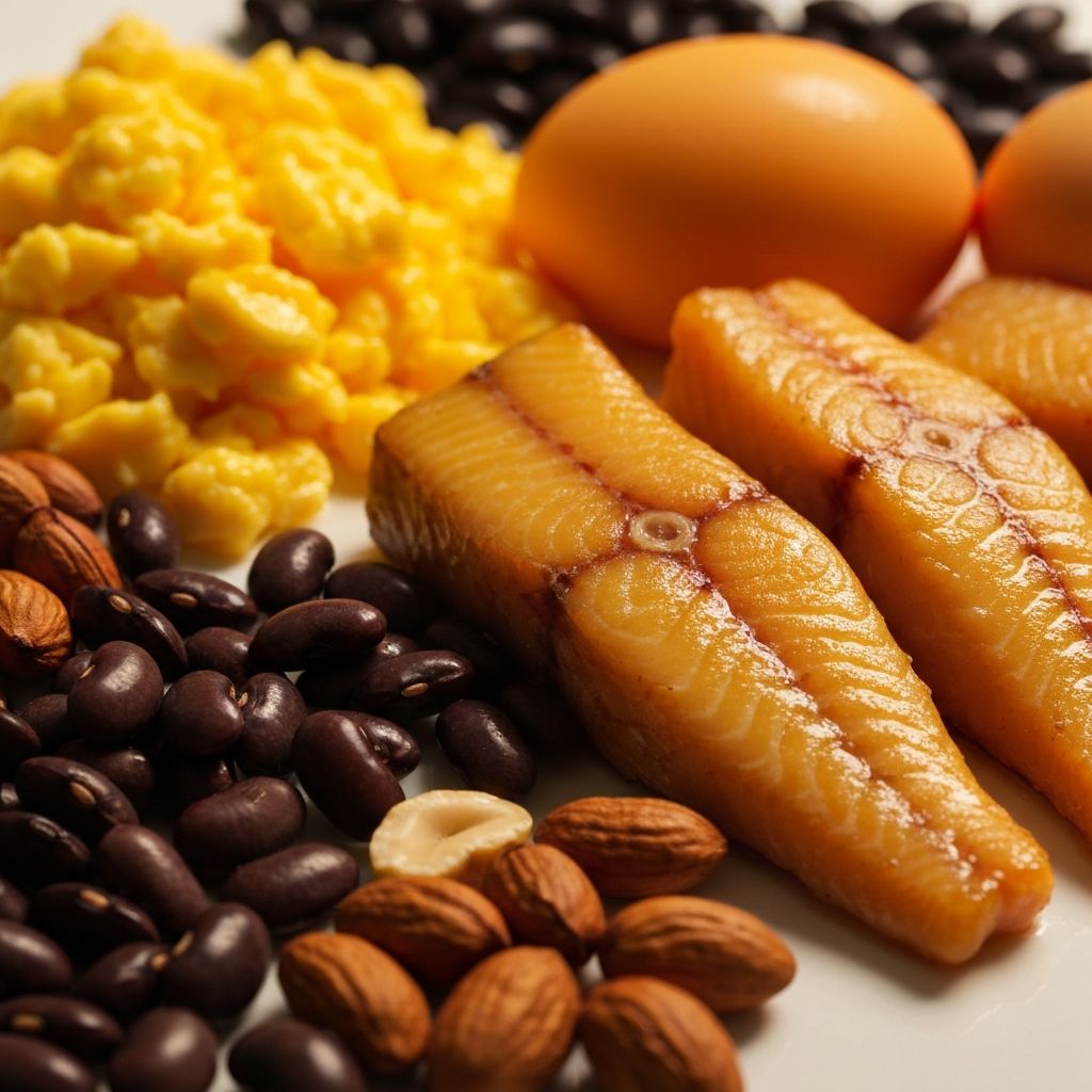 Protein-rich foods including eggs, fish, legumes, and nuts arranged for nutritional education